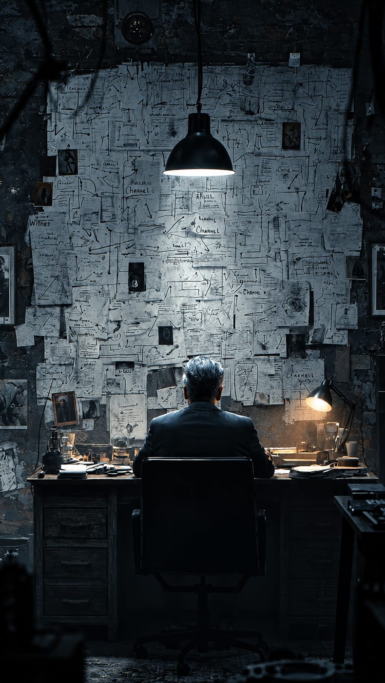 Persona frente a un muro lleno de notas y mapas, con toda la información a la vista.